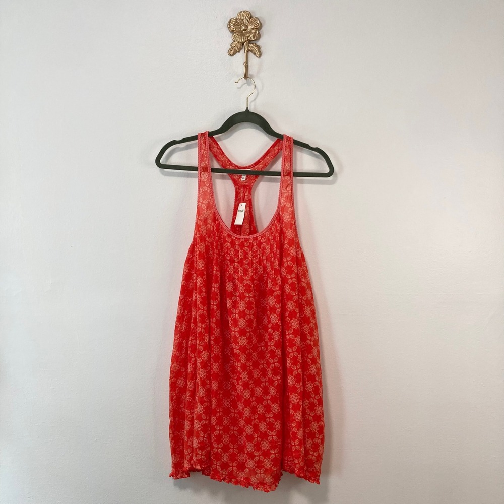 Coral Floral Medallion Racerback Gauze Mini Dress Aerie L 100% Cotton Boho Flowy